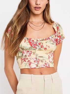 Urban Outfitters Yellow Floral Cropped Puff-Sleeve Top